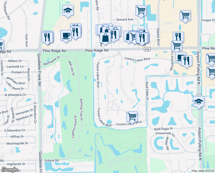 map of restaurants, bars, coffee shops, grocery stores, and more near 1087 Forest Lakes Drive in Naples