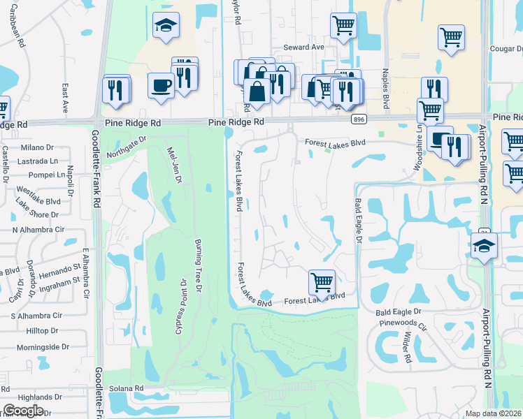 map of restaurants, bars, coffee shops, grocery stores, and more near 1087 Forest Lakes Drive in Naples