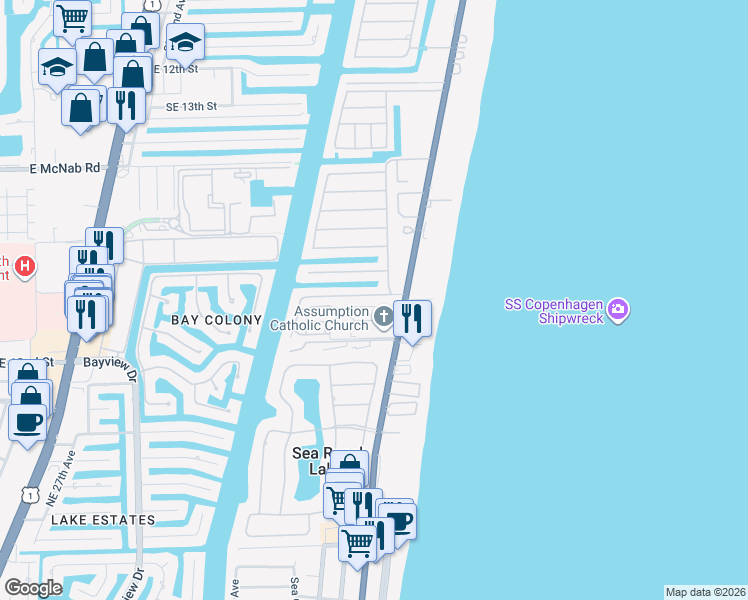 map of restaurants, bars, coffee shops, grocery stores, and more near 2040 Coral Reef Drive in Pompano Beach