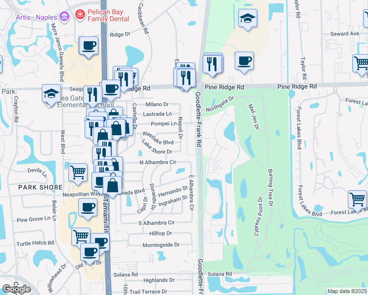 map of restaurants, bars, coffee shops, grocery stores, and more near 4860 Napoli Drive in Naples