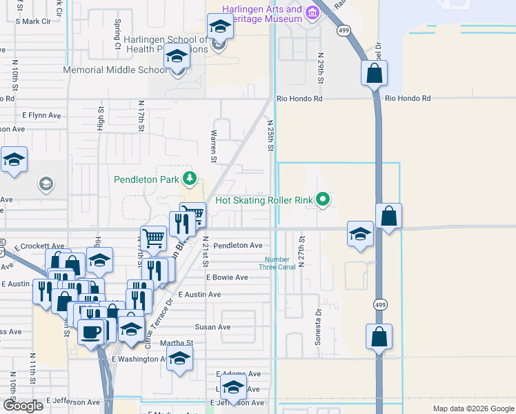 map of restaurants, bars, coffee shops, grocery stores, and more near 2314 Ella Street in Harlingen