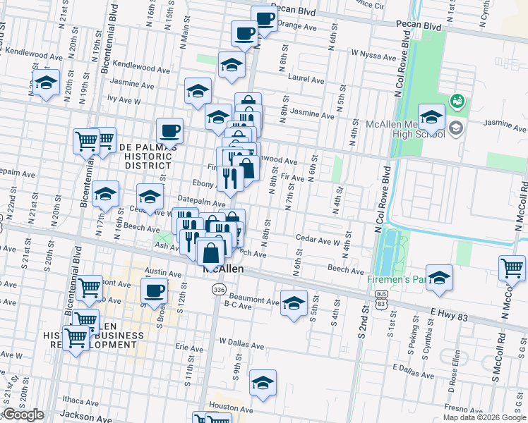 map of restaurants, bars, coffee shops, grocery stores, and more near 329 North 8th Street in McAllen