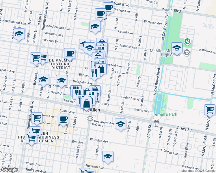 map of restaurants, bars, coffee shops, grocery stores, and more near 329 North 8th Street in McAllen