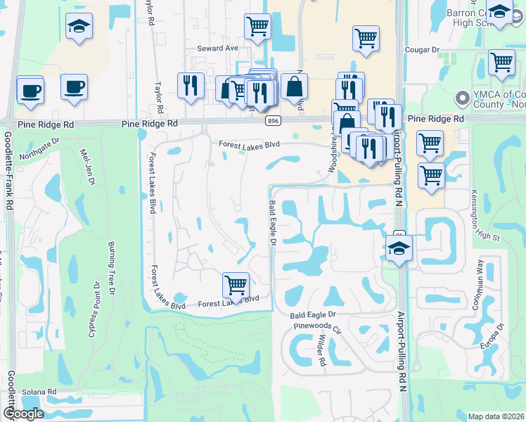 map of restaurants, bars, coffee shops, grocery stores, and more near 700 Woodshire Lane in Naples