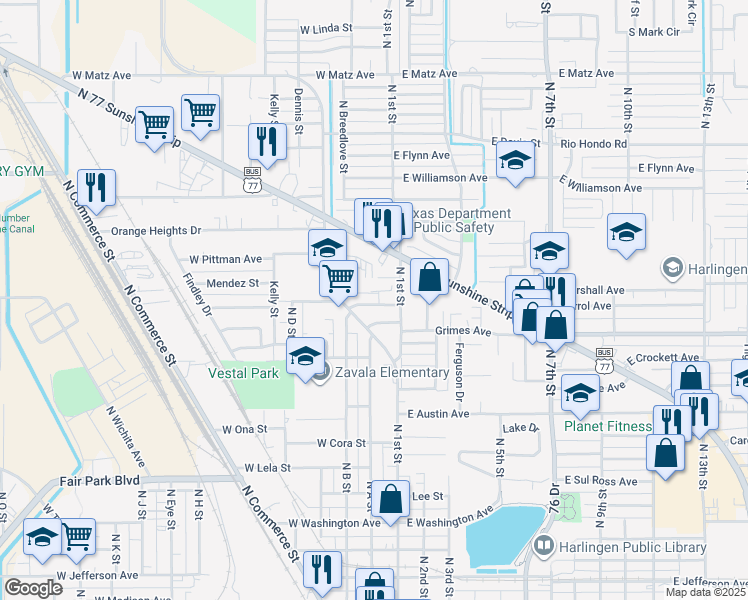 map of restaurants, bars, coffee shops, grocery stores, and more near 212 West Carrol Street in Harlingen