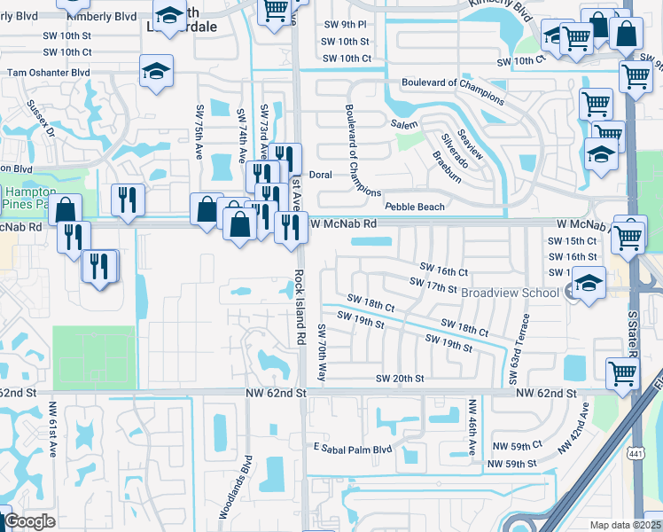 map of restaurants, bars, coffee shops, grocery stores, and more near 1663 Southwest 70th Avenue in North Lauderdale
