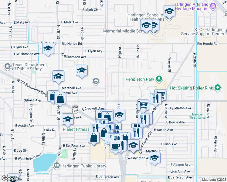map of restaurants, bars, coffee shops, grocery stores, and more near 1414 Ball Street in Harlingen