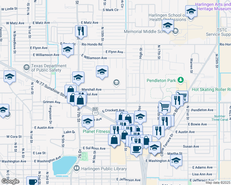 map of restaurants, bars, coffee shops, grocery stores, and more near 1005 East Carrol Avenue in Harlingen