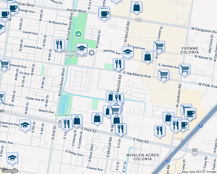 map of restaurants, bars, coffee shops, grocery stores, and more near 409 East Ebony Avenue in McAllen
