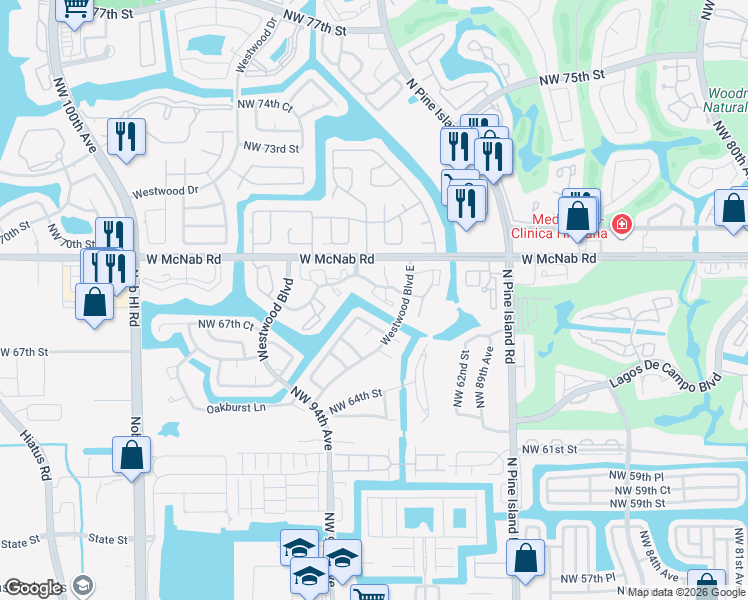 map of restaurants, bars, coffee shops, grocery stores, and more near 9203 Northwest 68th Street in Tamarac