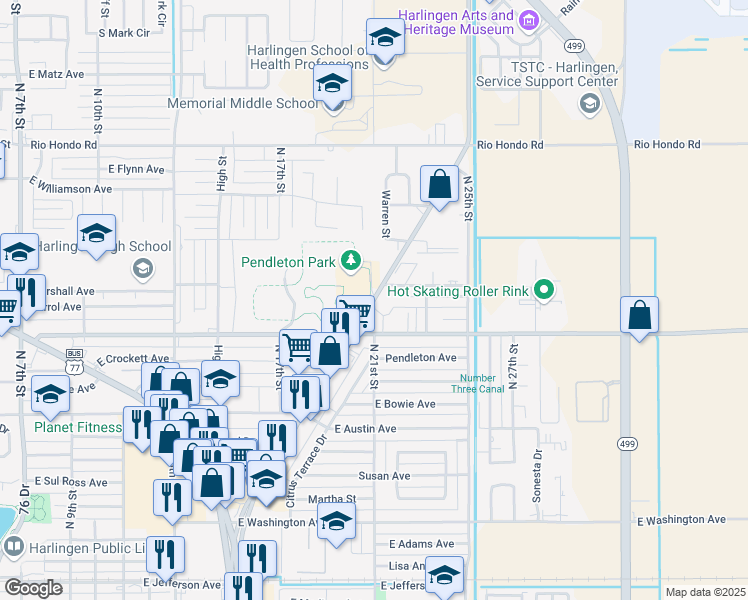 map of restaurants, bars, coffee shops, grocery stores, and more near 1505 Morgan Boulevard in Harlingen