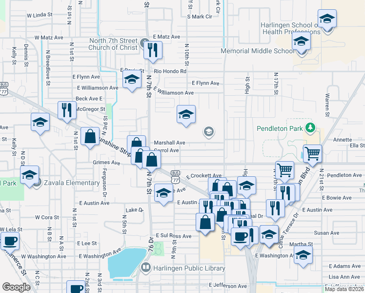 map of restaurants, bars, coffee shops, grocery stores, and more near 901 Carrol Avenue in Harlingen