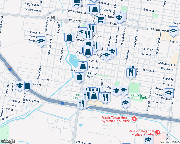 map of restaurants, bars, coffee shops, grocery stores, and more near 101 South Doherty Avenue in Mission