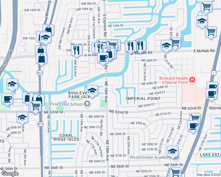 map of restaurants, bars, coffee shops, grocery stores, and more near 6411 Northeast 18th Terrace in Fort Lauderdale