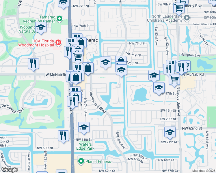 map of restaurants, bars, coffee shops, grocery stores, and more near 6700 Northwest 71st Avenue in Tamarac
