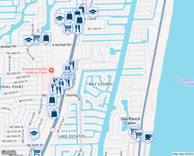 map of restaurants, bars, coffee shops, grocery stores, and more near 2 Compass Lane in Fort Lauderdale