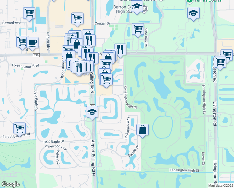 map of restaurants, bars, coffee shops, grocery stores, and more near 5004 Rustic Oaks Circle in Naples