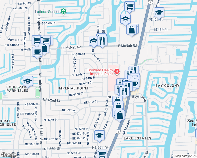 map of restaurants, bars, coffee shops, grocery stores, and more near 2169 Northeast 63rd Court in Fort Lauderdale