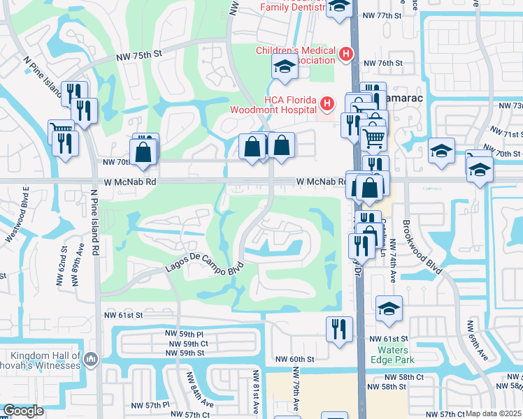 map of restaurants, bars, coffee shops, grocery stores, and more near 8135 Lagos De Campo Boulevard in Tamarac