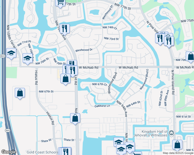 map of restaurants, bars, coffee shops, grocery stores, and more near 9702 West McNab Road in Tamarac