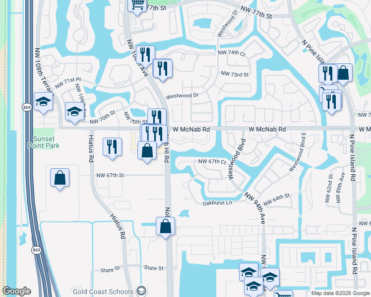 map of restaurants, bars, coffee shops, grocery stores, and more near 9850 West McNab Road in Tamarac