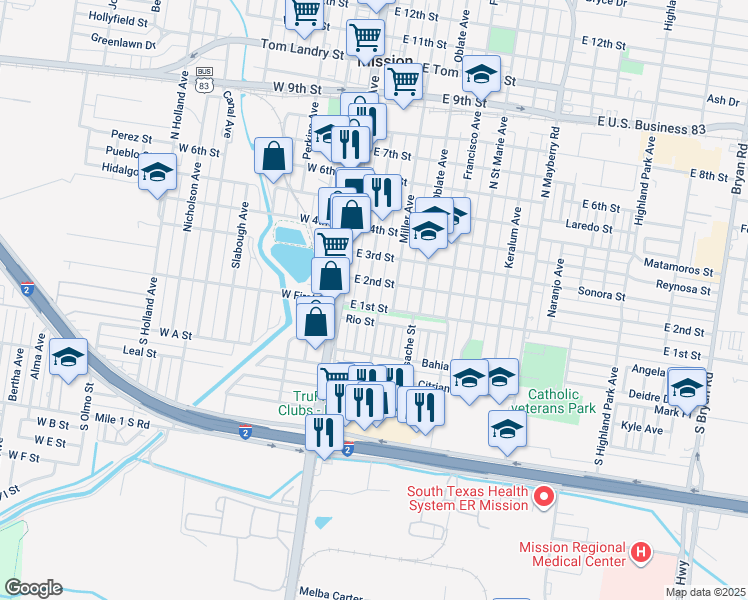 map of restaurants, bars, coffee shops, grocery stores, and more near 101 South Doherty Avenue in Mission