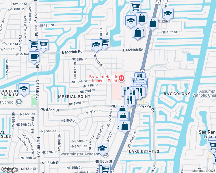 map of restaurants, bars, coffee shops, grocery stores, and more near 6351 Northeast 22nd Avenue in Fort Lauderdale