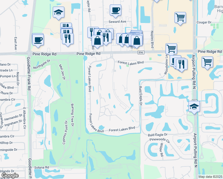 map of restaurants, bars, coffee shops, grocery stores, and more near 295 Quail Forest Boulevard in Naples