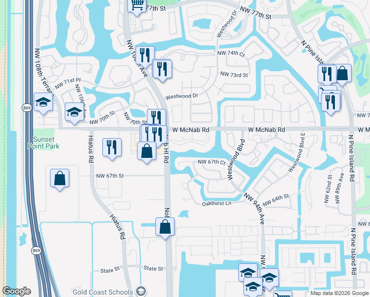 map of restaurants, bars, coffee shops, grocery stores, and more near 9850 West McNab Road in Tamarac