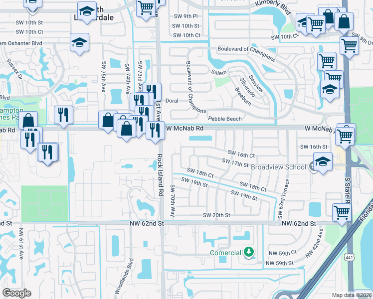 map of restaurants, bars, coffee shops, grocery stores, and more near 1663 Southwest 70th Avenue in North Lauderdale