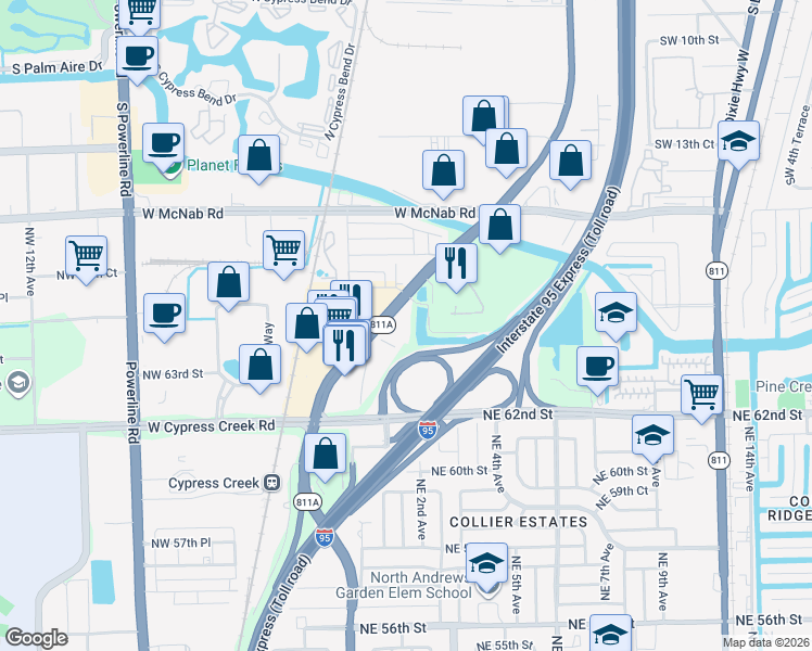 map of restaurants, bars, coffee shops, grocery stores, and more near 6520 North Andrews Avenue in Fort Lauderdale