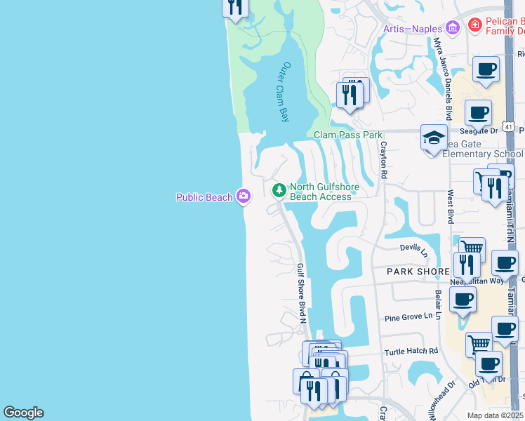 map of restaurants, bars, coffee shops, grocery stores, and more near 4951 Gulf Shore Boulevard North in Naples