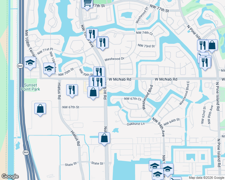 map of restaurants, bars, coffee shops, grocery stores, and more near 9920 Northwest 68th Place in Tamarac