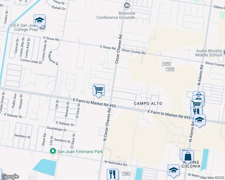 map of restaurants, bars, coffee shops, grocery stores, and more near 208 Cesar Chavez Road in Alamo