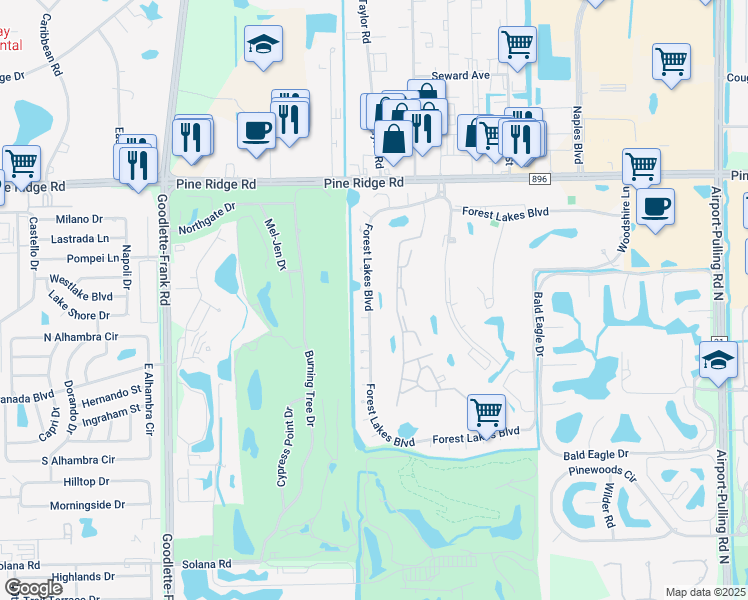 map of restaurants, bars, coffee shops, grocery stores, and more near 1510 Forest Lakes Boulevard in Naples