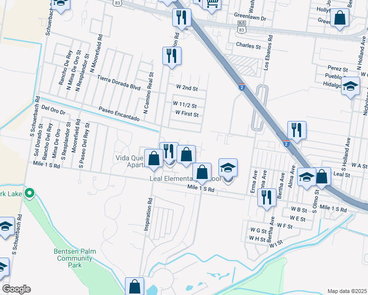 map of restaurants, bars, coffee shops, grocery stores, and more near 301 South Inspiration Road in Mission