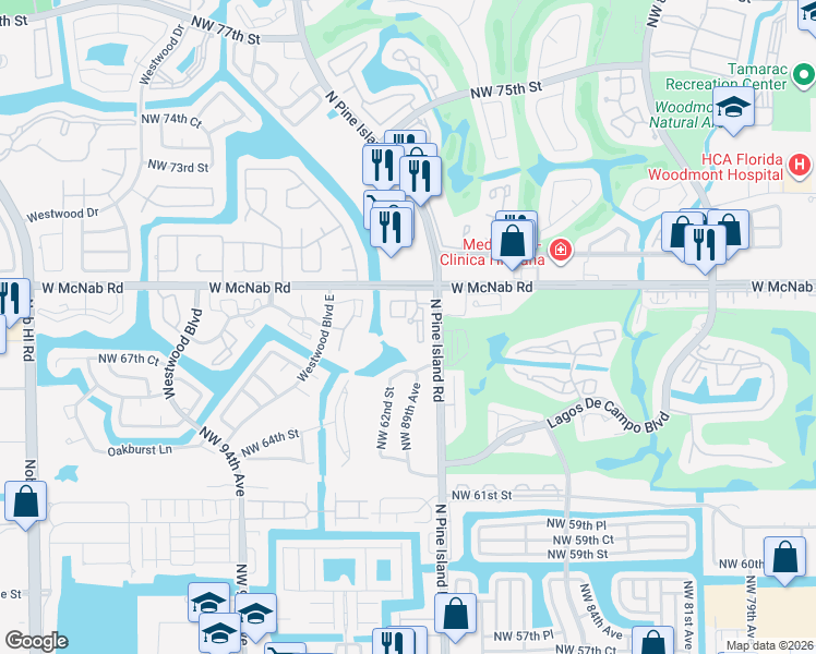 map of restaurants, bars, coffee shops, grocery stores, and more near 8826 West McNab Road in Tamarac