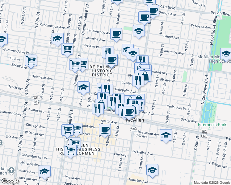 map of restaurants, bars, coffee shops, grocery stores, and more near 303 North 12th Street in McAllen
