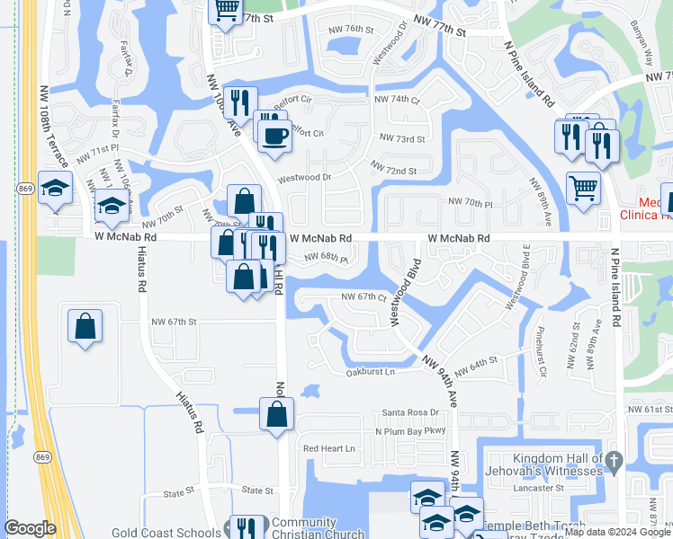 map of restaurants, bars, coffee shops, grocery stores, and more near 9702 West McNab Road in Tamarac