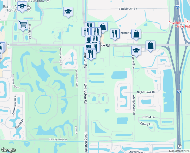 map of restaurants, bars, coffee shops, grocery stores, and more near 12875 Brynwood Preserve Lane in Naples