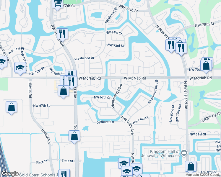 map of restaurants, bars, coffee shops, grocery stores, and more near 9607 Northwest 67th Court in Tamarac