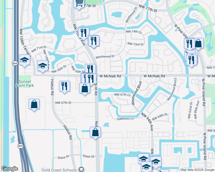 map of restaurants, bars, coffee shops, grocery stores, and more near 9850 West McNab Road in Tamarac