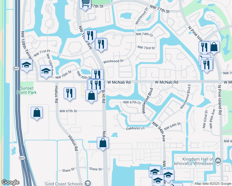 map of restaurants, bars, coffee shops, grocery stores, and more near 9850 West McNab Road in Tamarac