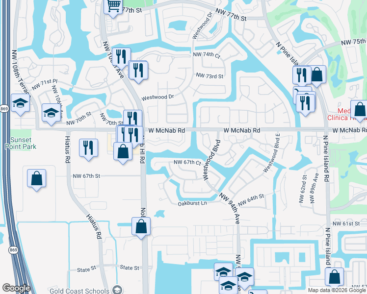 map of restaurants, bars, coffee shops, grocery stores, and more near 9702 West McNab Road in Tamarac