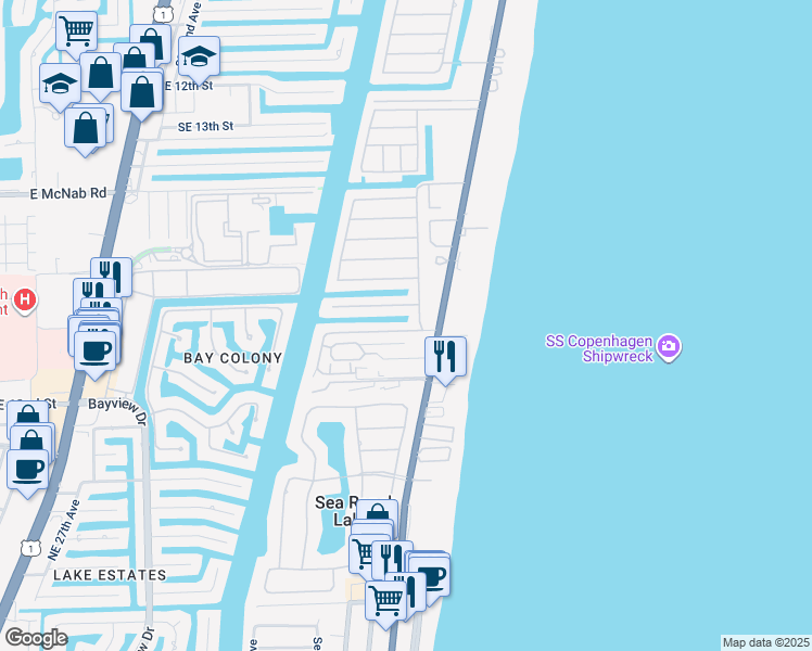 map of restaurants, bars, coffee shops, grocery stores, and more near 2040 Coral Reef Drive in Pompano Beach