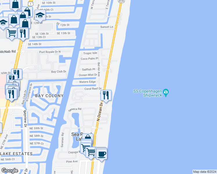 map of restaurants, bars, coffee shops, grocery stores, and more near in Lauderdale-by-the-Sea