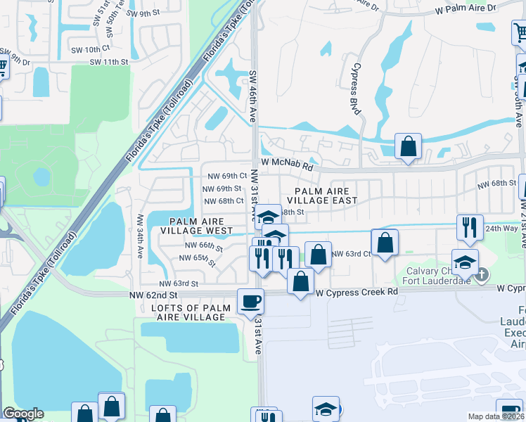map of restaurants, bars, coffee shops, grocery stores, and more near 3050 Northwest 68th Street in Fort Lauderdale