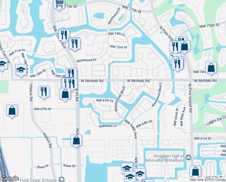 map of restaurants, bars, coffee shops, grocery stores, and more near 9607 Northwest 67th Court in Tamarac