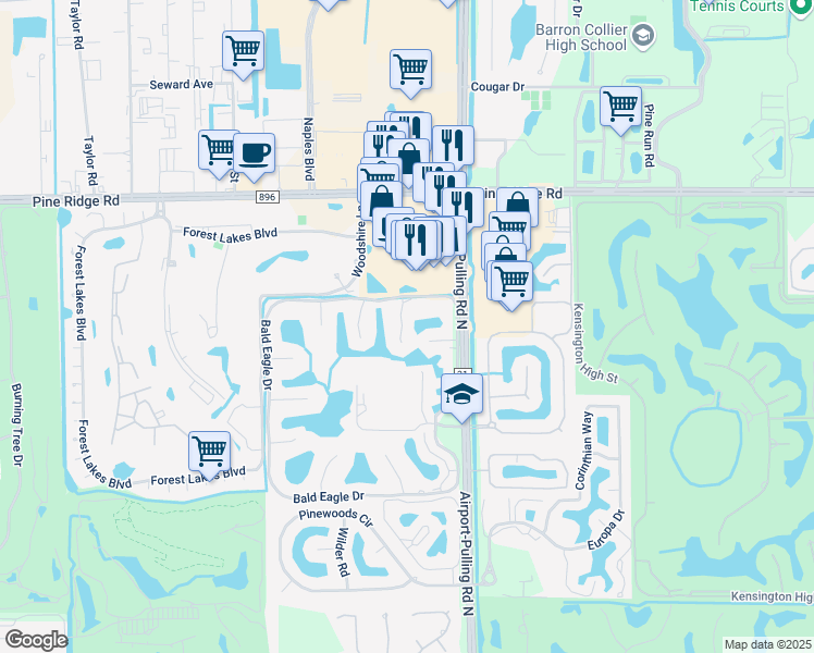map of restaurants, bars, coffee shops, grocery stores, and more near 1605 Spoonbill Lane in Naples