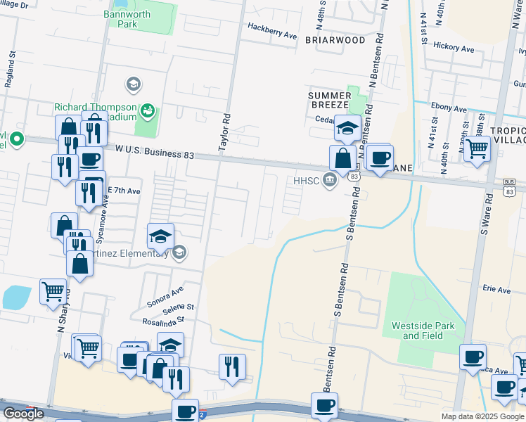 map of restaurants, bars, coffee shops, grocery stores, and more near 309 49th Street in McAllen